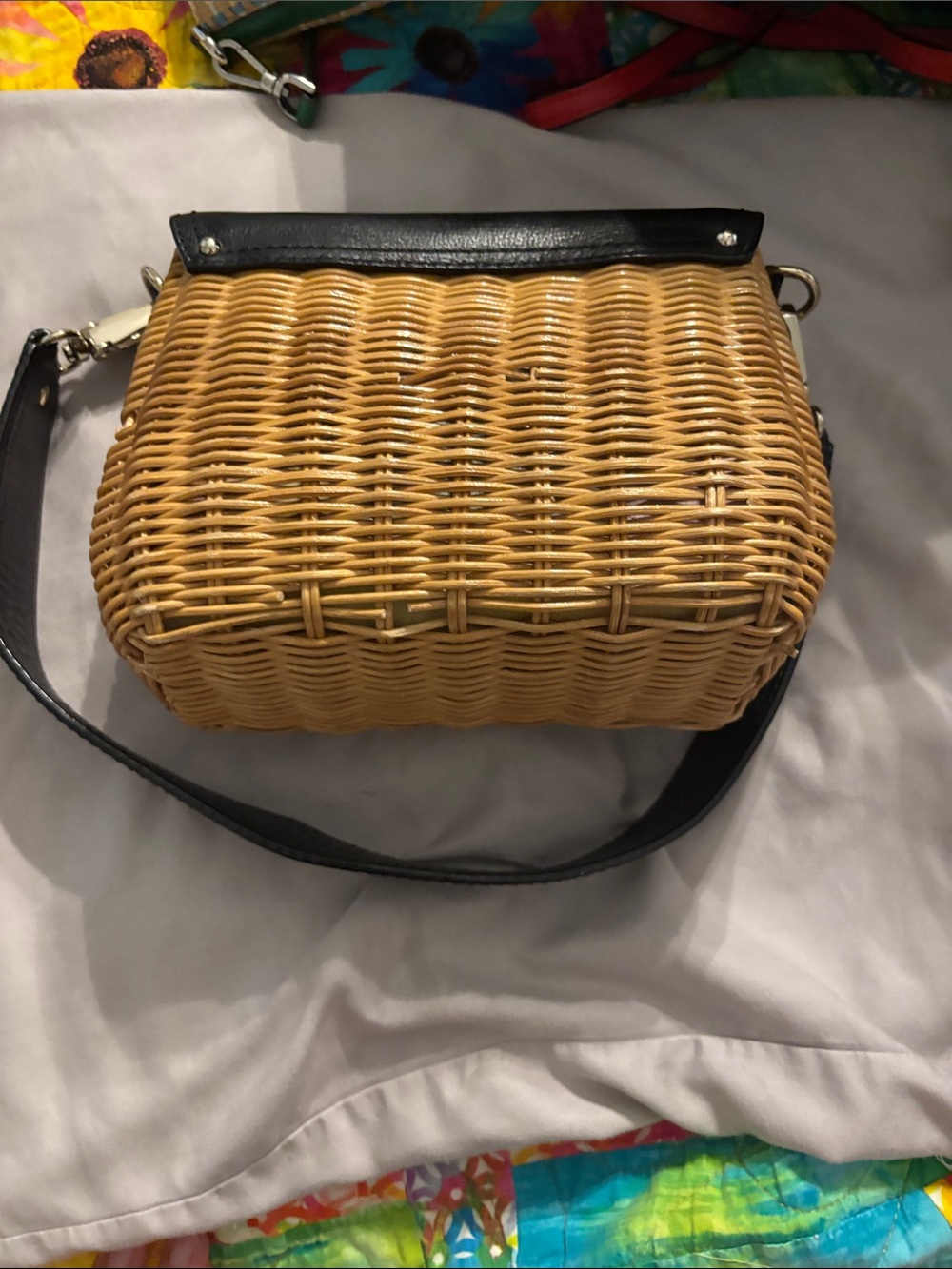 kate spade Black Leather & Natural Wicker Crossbody Bag - Picture 3 of 3